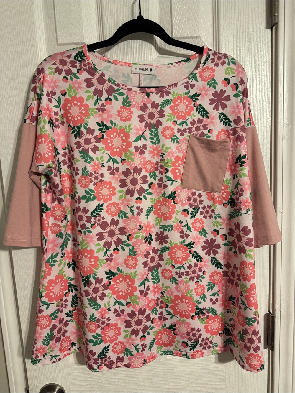 Nuggles Floral Pocket Tee with Pink Sleeve Panels
